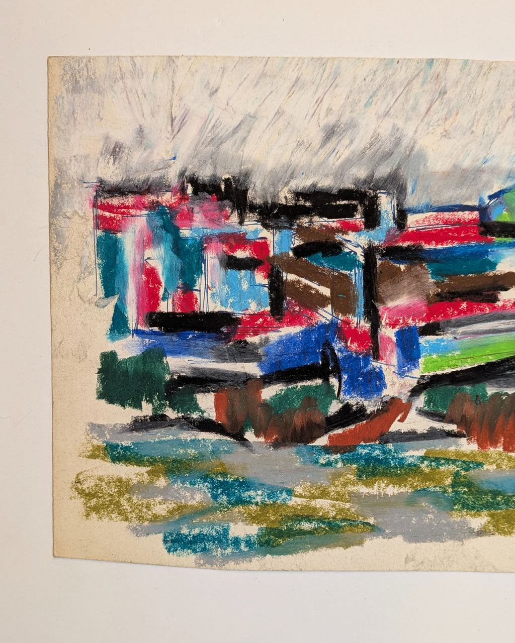 Mid-Century Modernist Architectural Cityscape Waterfront Oil Pastel on Paper