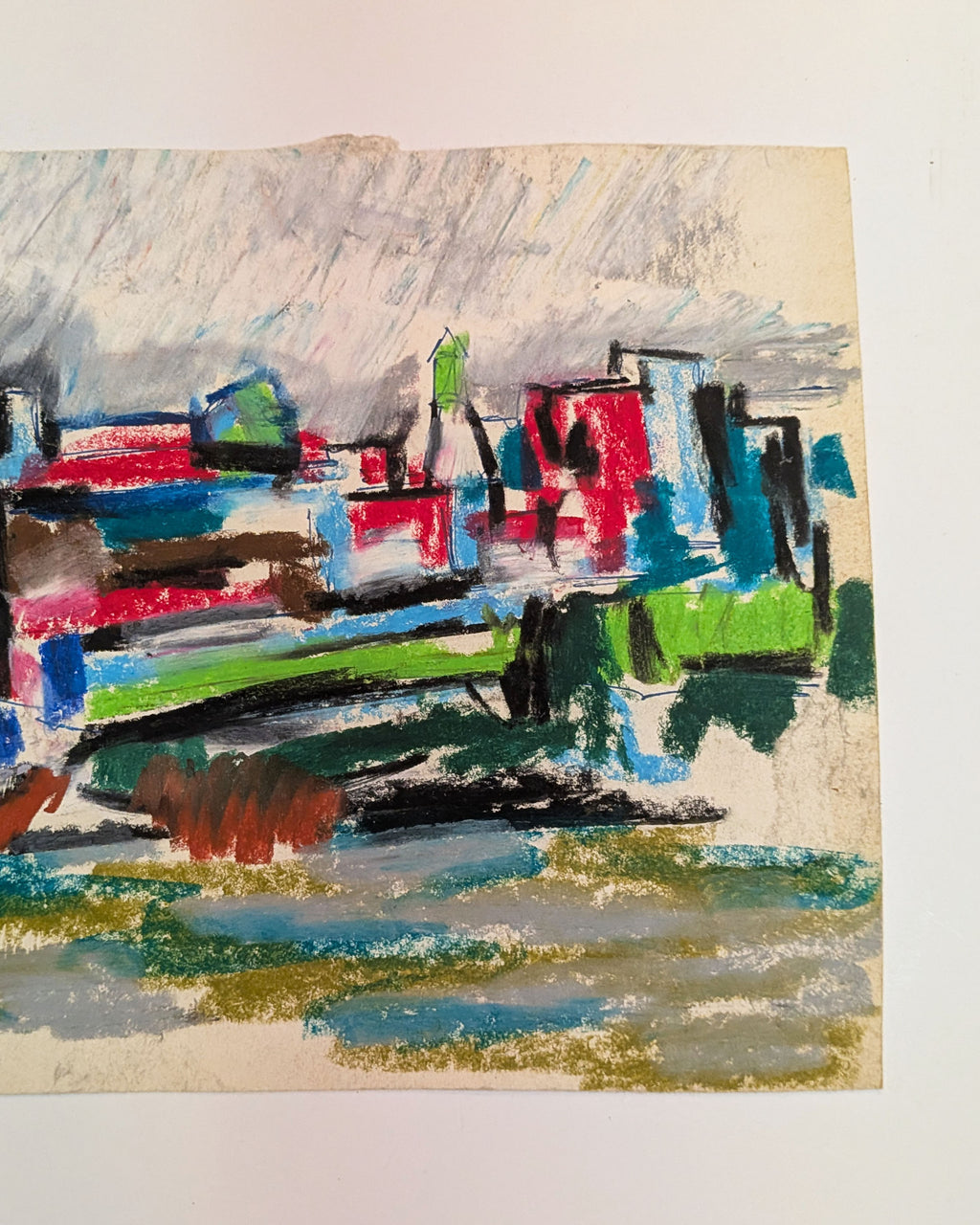 Mid-Century Modernist Architectural Cityscape Waterfront Oil Pastel on Paper