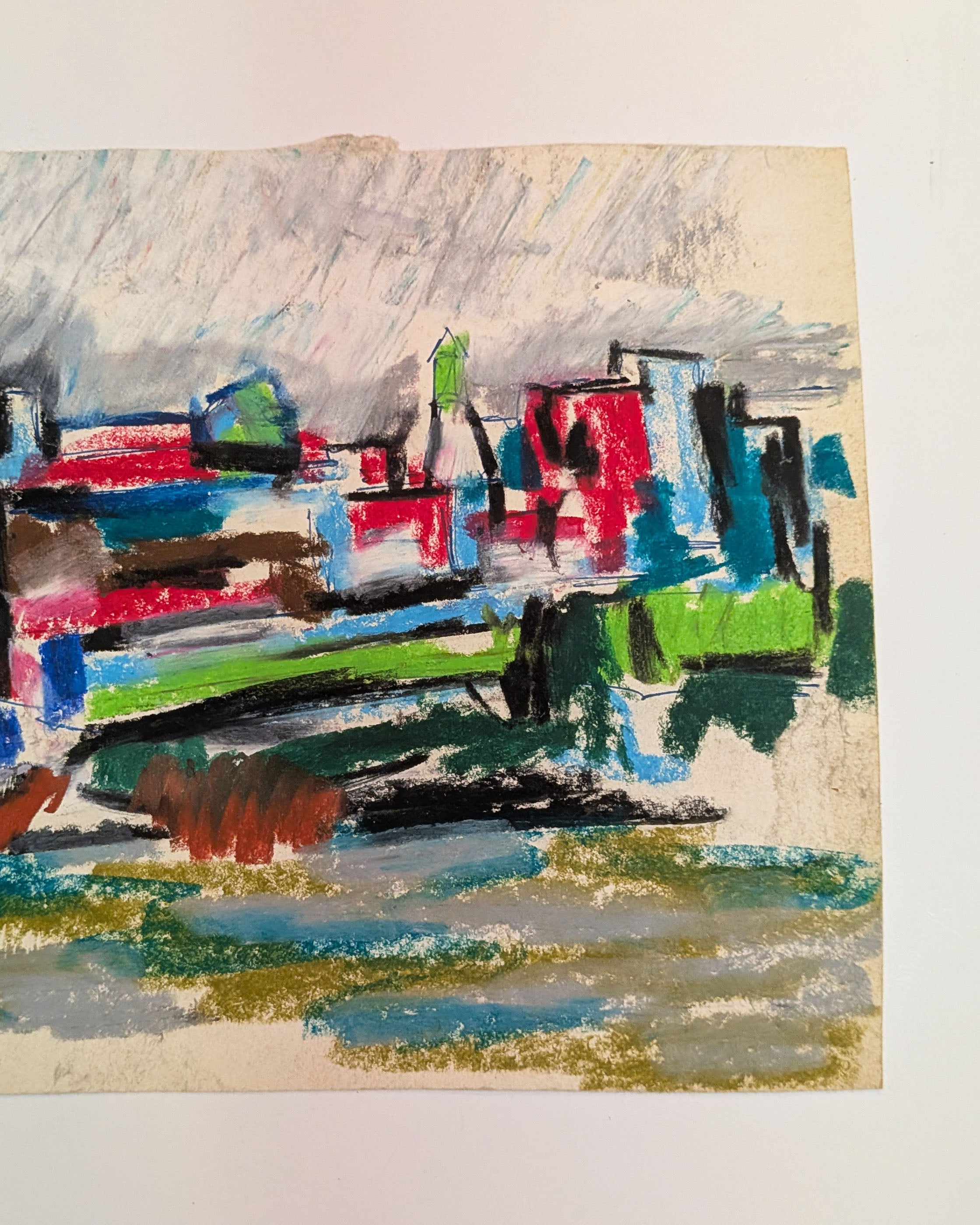 Mid-Century Modernist Architectural Cityscape Waterfront Oil Pastel on Paper