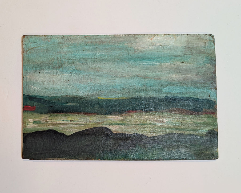 1973 Mid-Century River & Hills Landscape Painting Wood Panel Initialed Verso