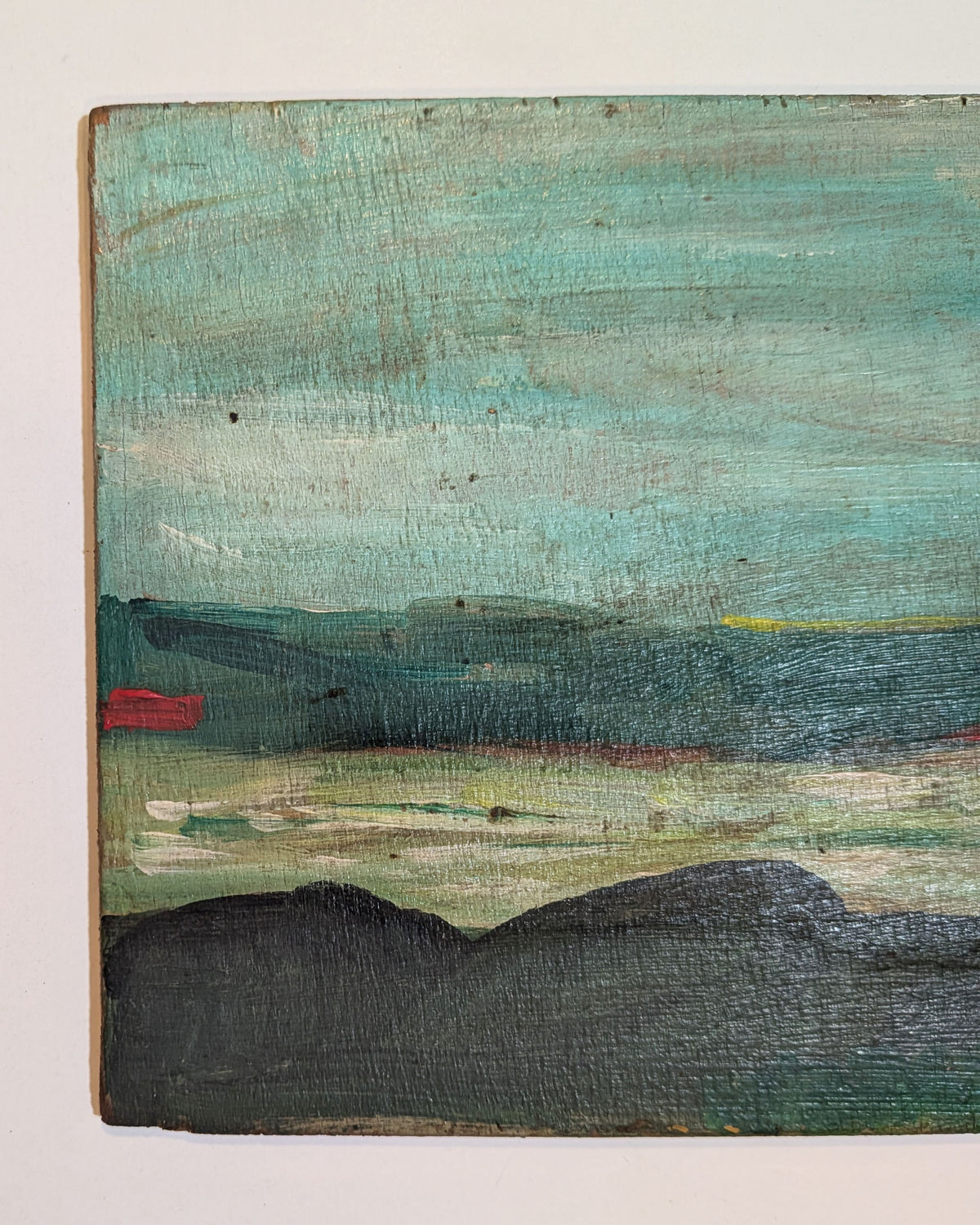 1973 Mid-Century River & Hills Landscape Painting Wood Panel Initialed Verso