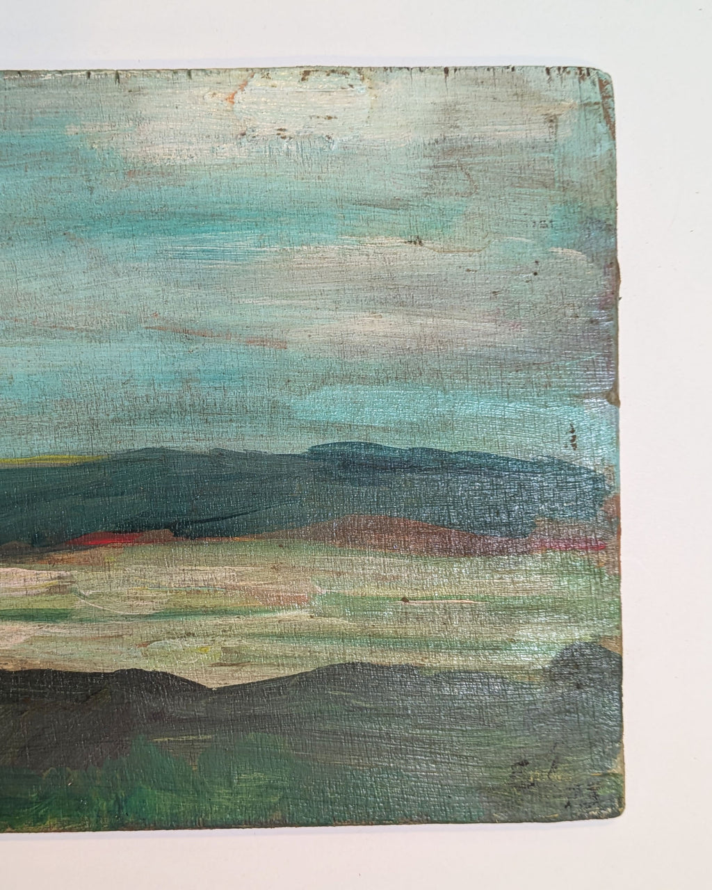 1973 Mid-Century River & Hills Landscape Painting Wood Panel Initialed Verso