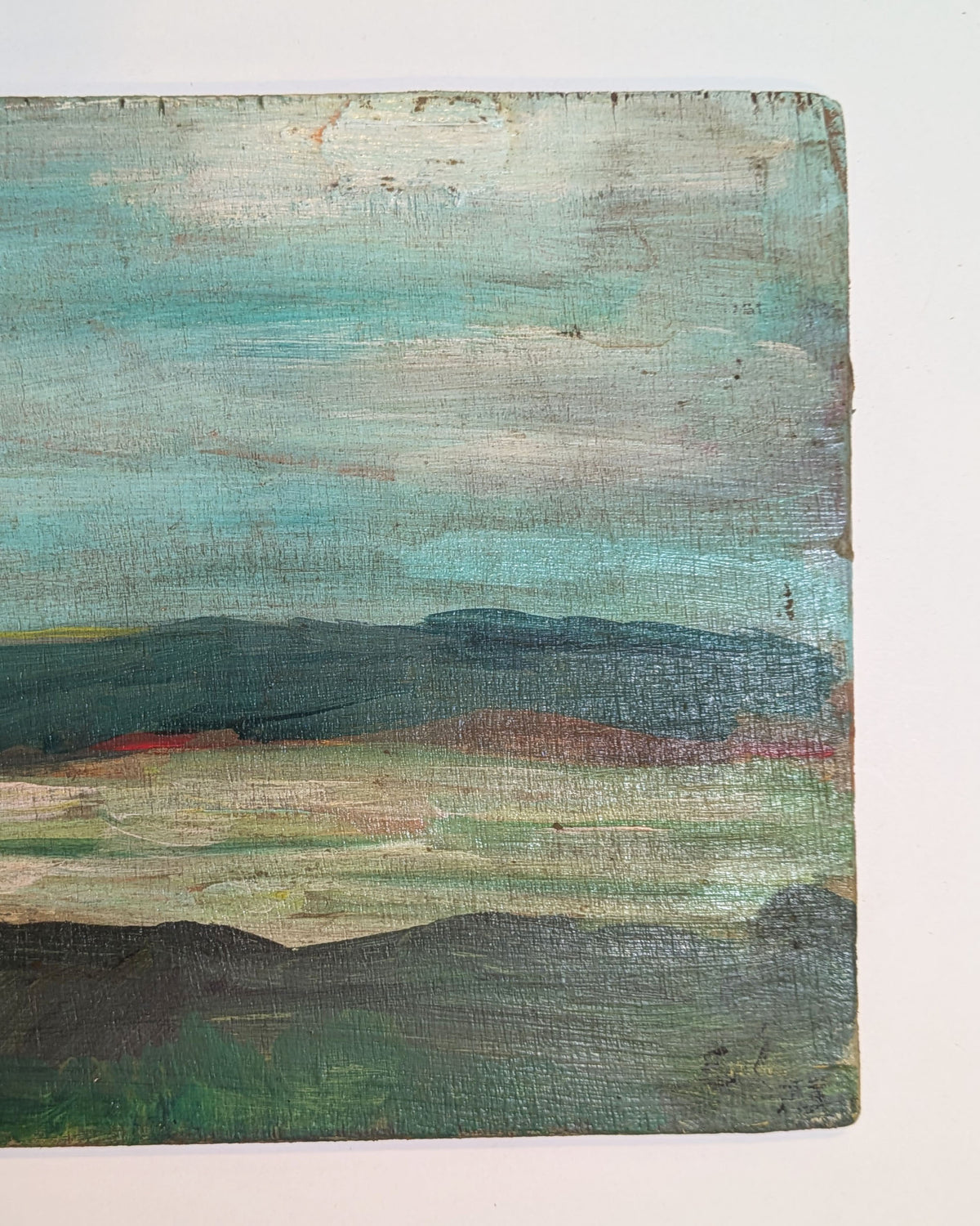 1973 Mid-Century River & Hills Landscape Painting Wood Panel Initialed Verso