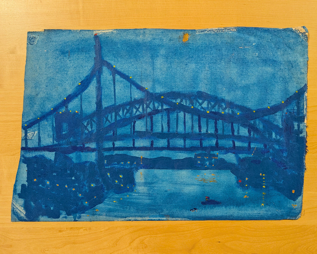 Vintage Nocturne Painting, Triborough & Hell Gate Bridges NYC, Acrylic Canvas