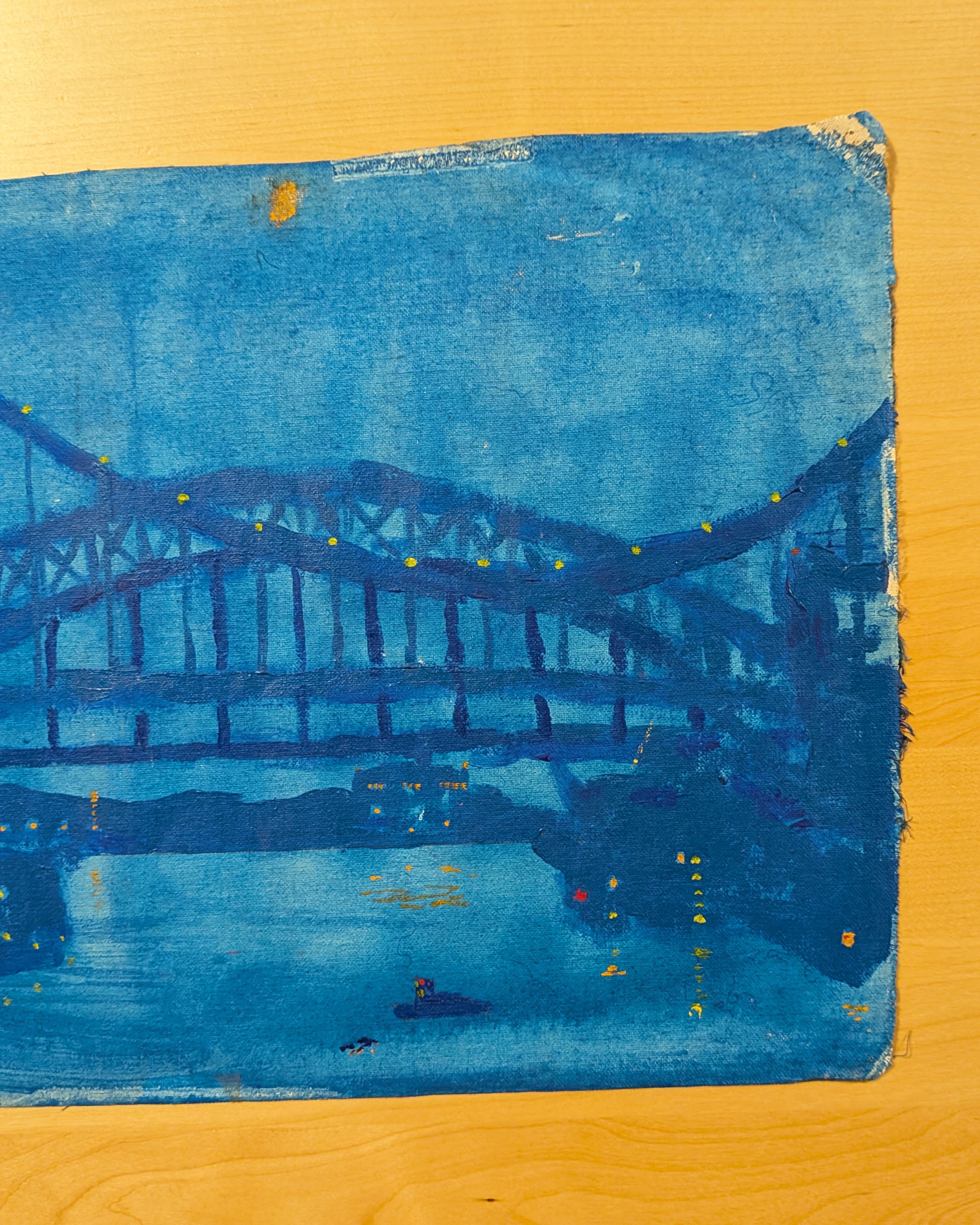 Vintage Nocturne Painting, Triborough & Hell Gate Bridges NYC, Acrylic Canvas