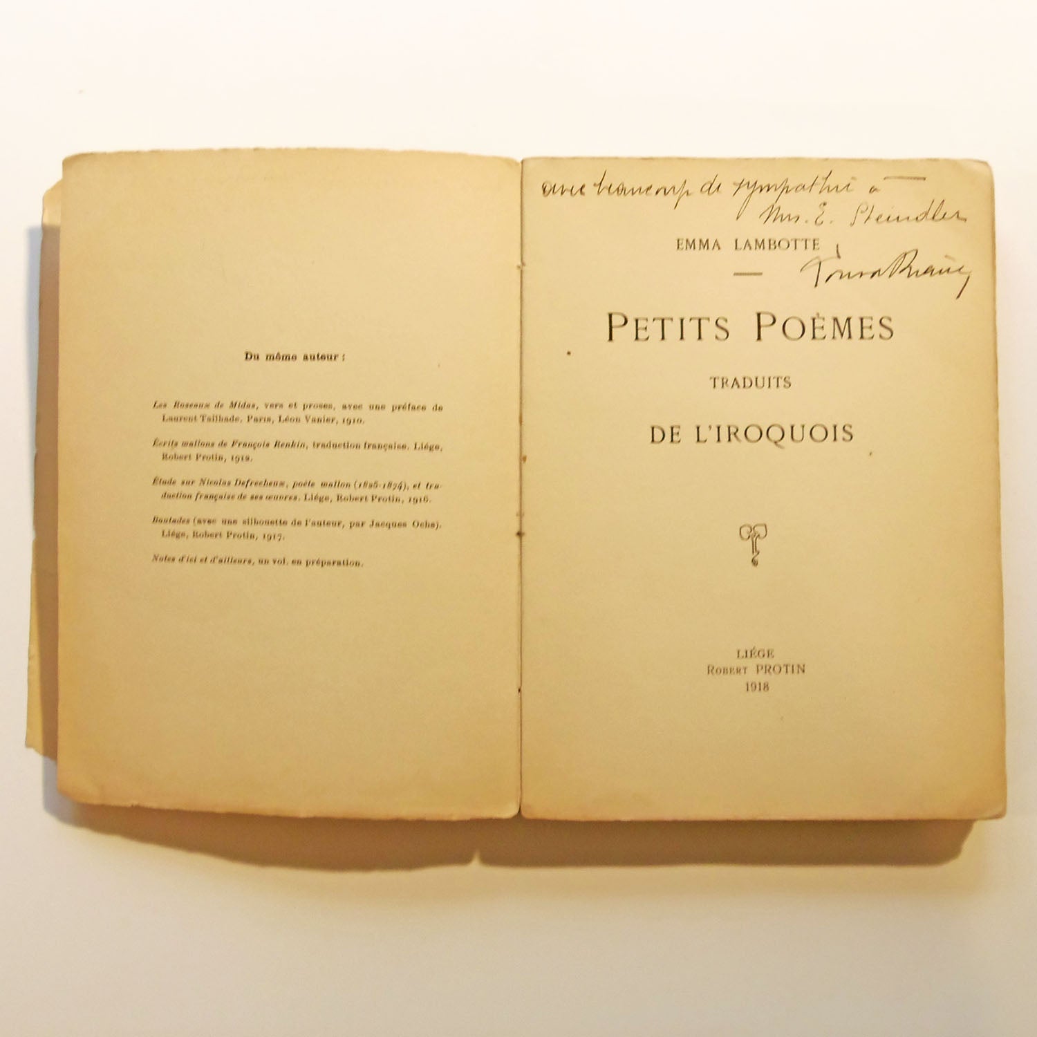 Petits Poèmes Traduits de L'iroquois, Emma Lambotte, Robert Protin, Liège 1918