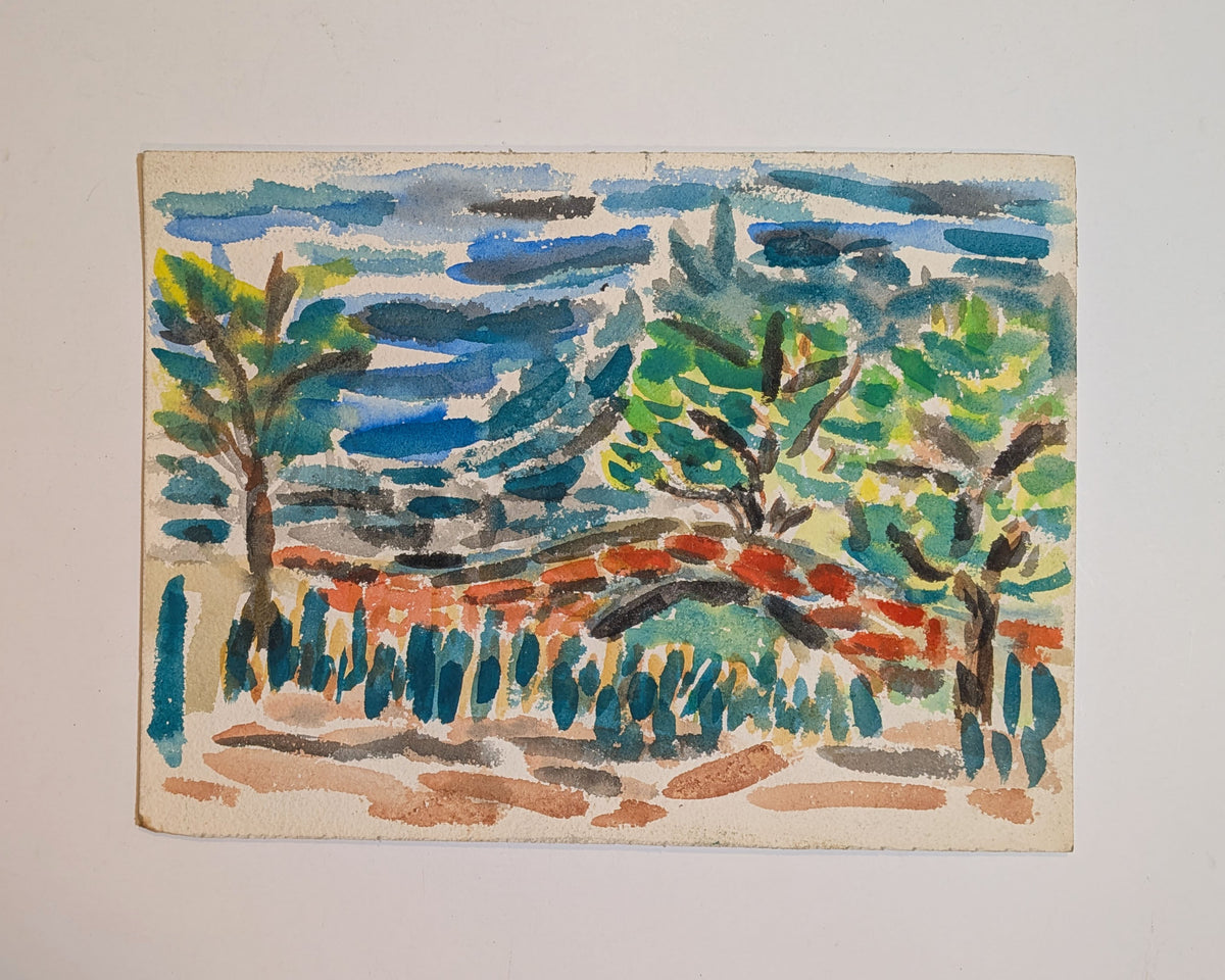 Vintage 1950s Modernist NYC Central Park Stone Arch Bridge Watercolor Painting