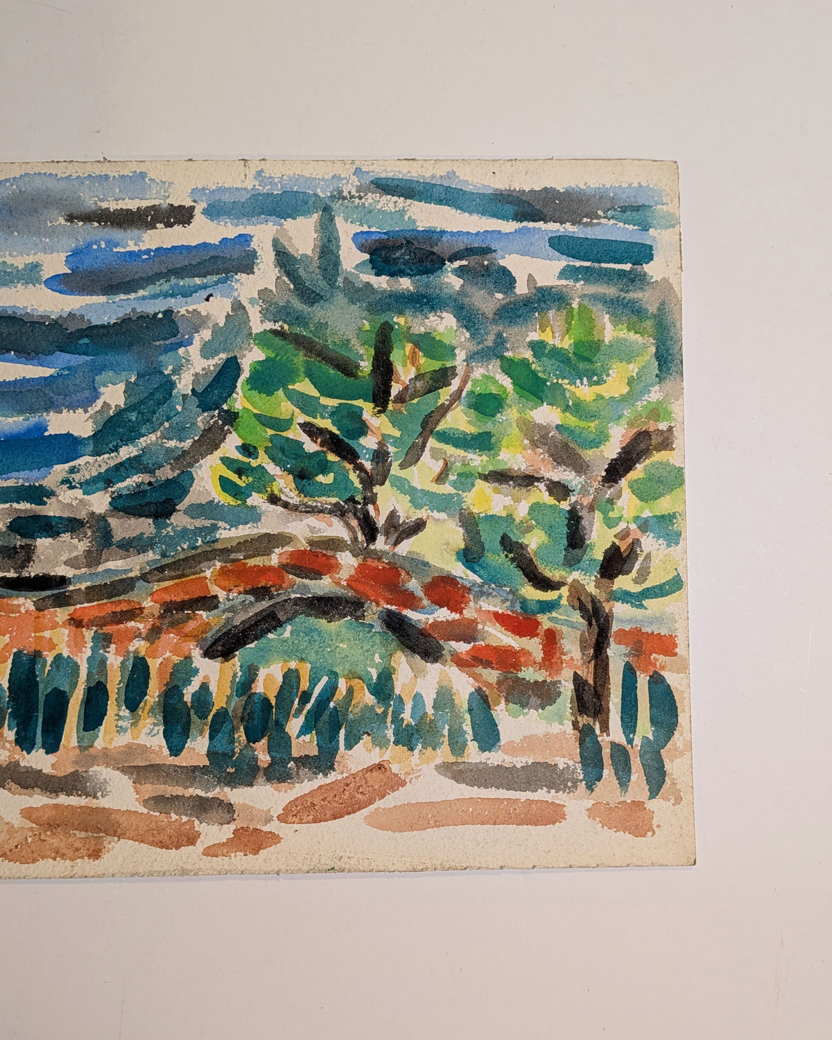 Vintage 1950s Modernist NYC Central Park Stone Arch Bridge Watercolor Painting