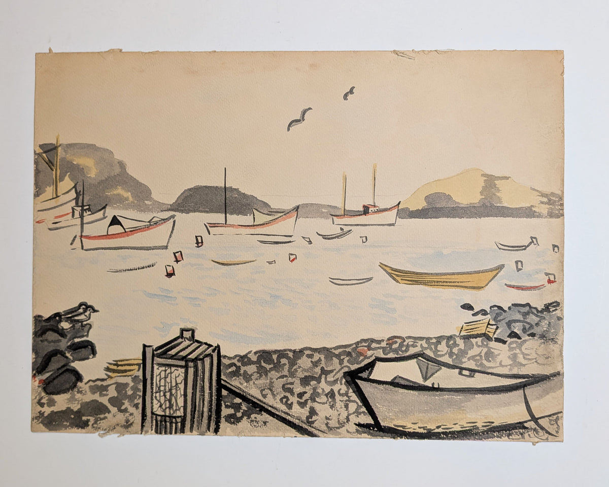 Vintage Mid-Century New England Harbor Watercolor Painting, Sailboats & Dories