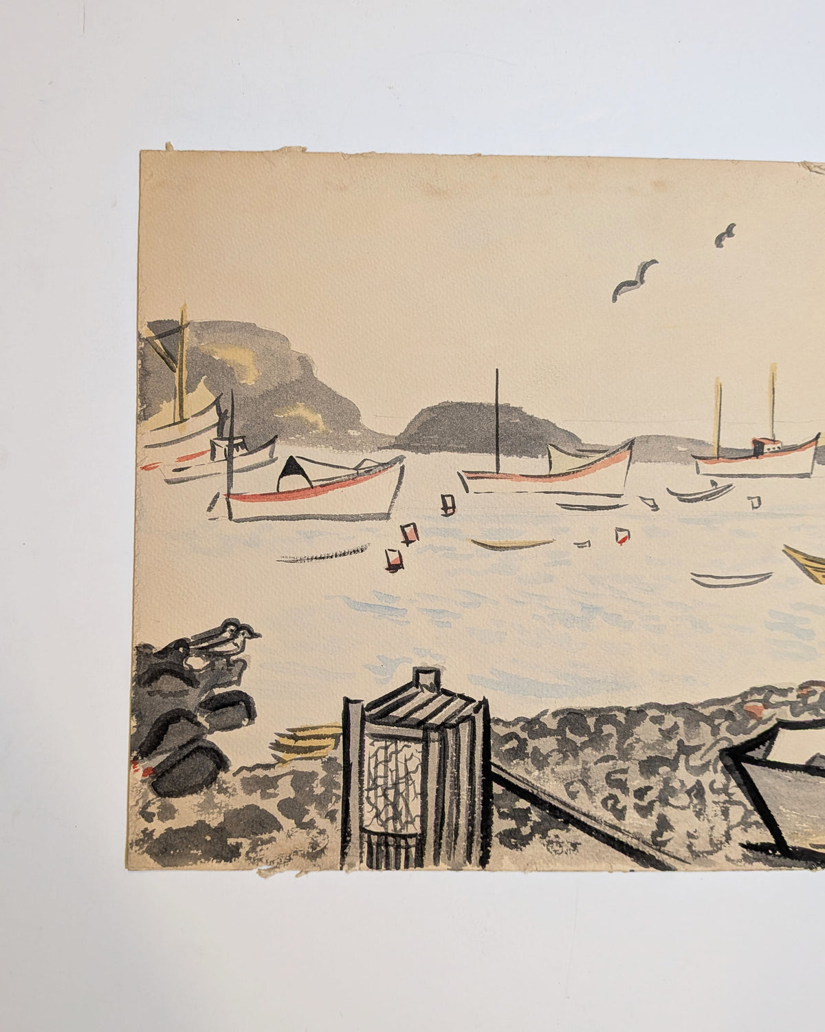 Vintage Mid-Century New England Harbor Watercolor Painting, Sailboats & Dories