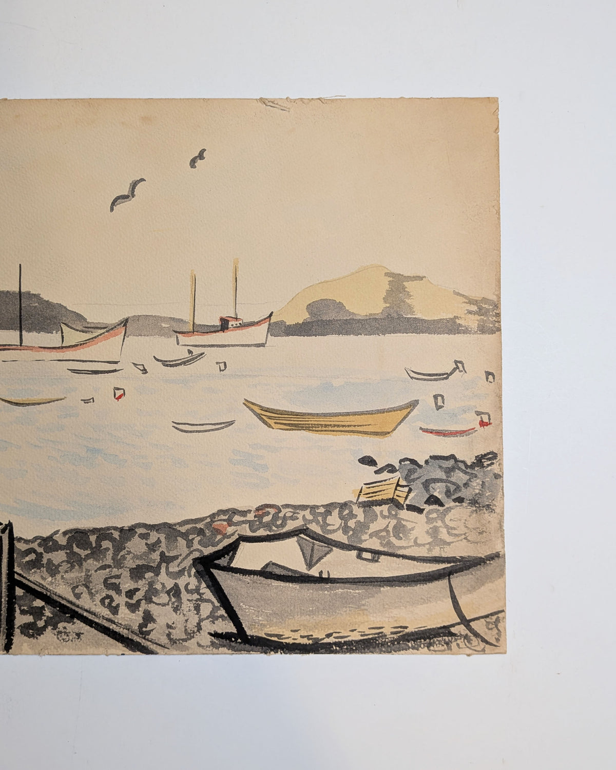 Vintage Mid-Century New England Harbor Watercolor Painting, Sailboats & Dories