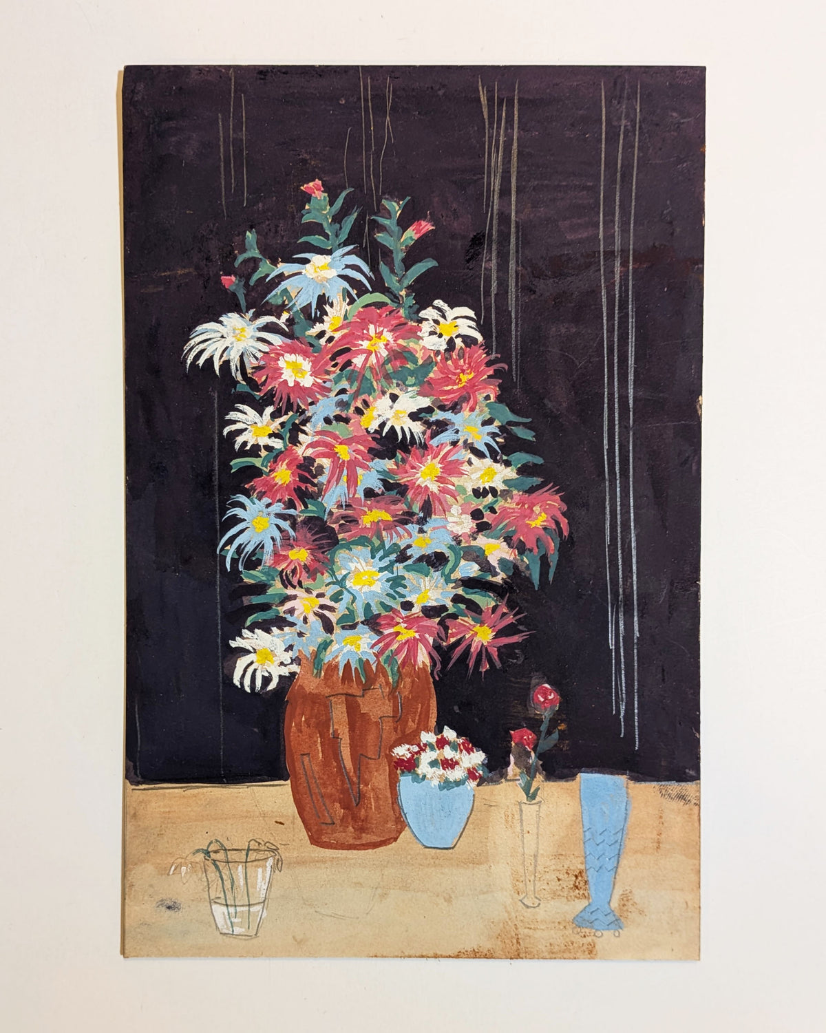 Vintage Mid-Century Floral Still Life Gouache Watercolor Painting on Board