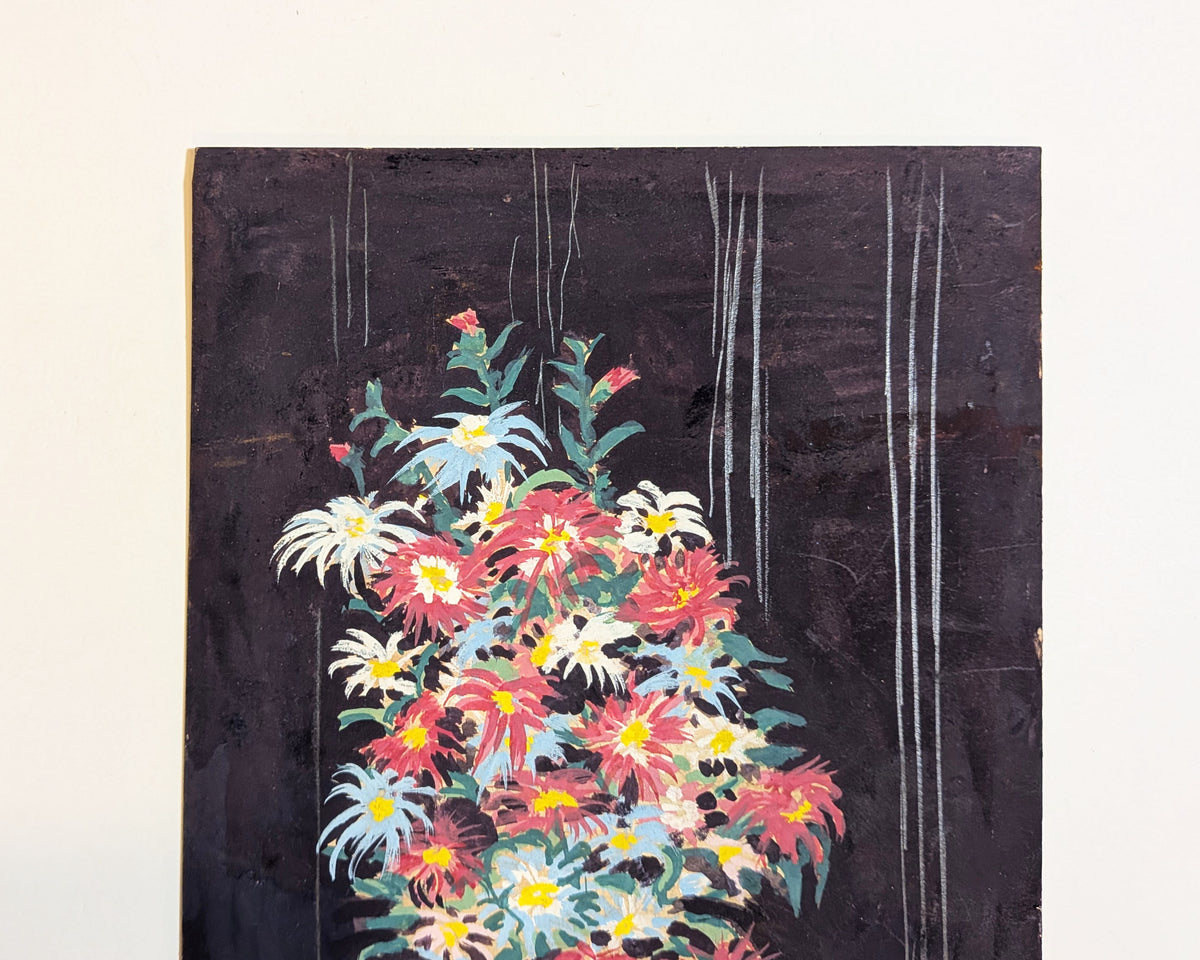 Vintage Mid-Century Floral Still Life Gouache Watercolor Painting on Board