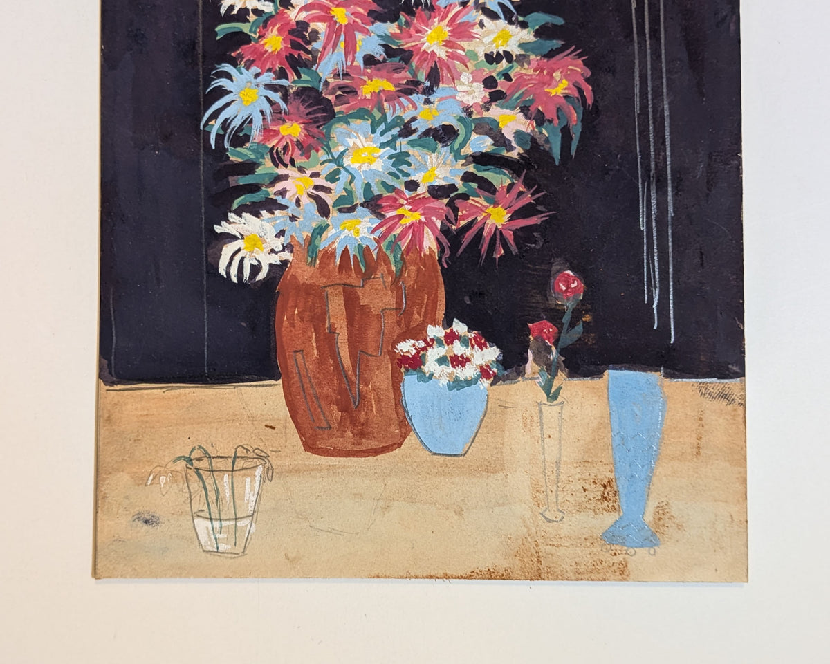 Vintage Mid-Century Floral Still Life Gouache Watercolor Painting on Board