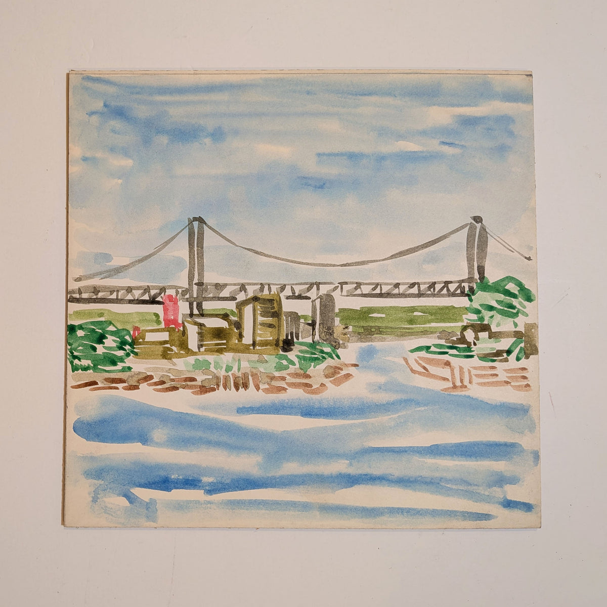 Vintage Mid-Century NYC Triborough Bridge Watercolor Painting East River