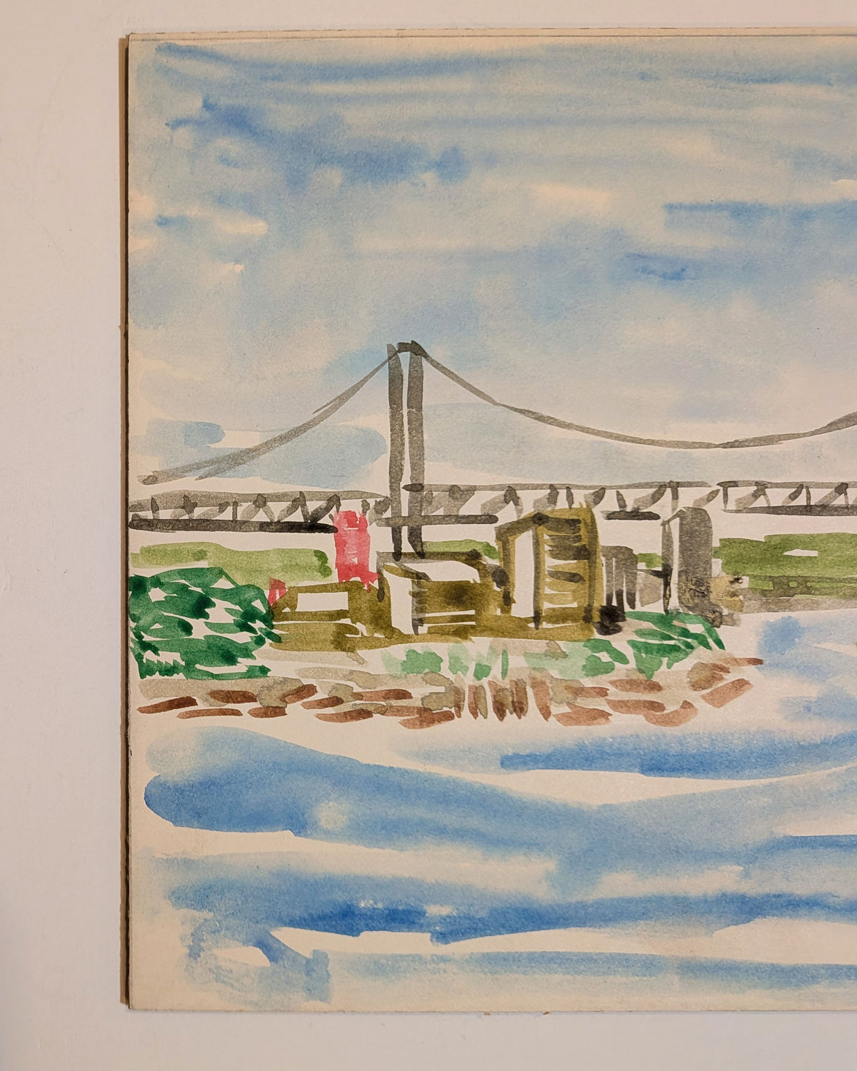 Vintage Mid-Century NYC Triborough Bridge Watercolor Painting East River