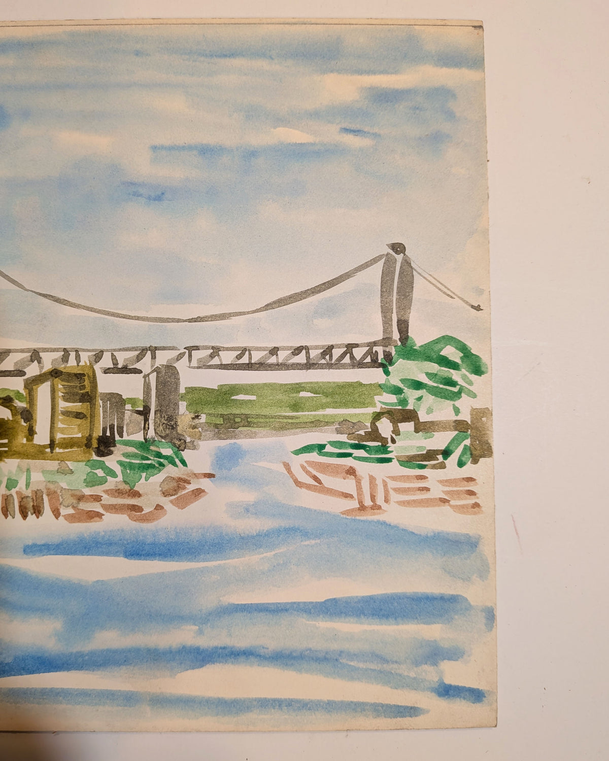 Vintage Mid-Century NYC Triborough Bridge Watercolor Painting East River