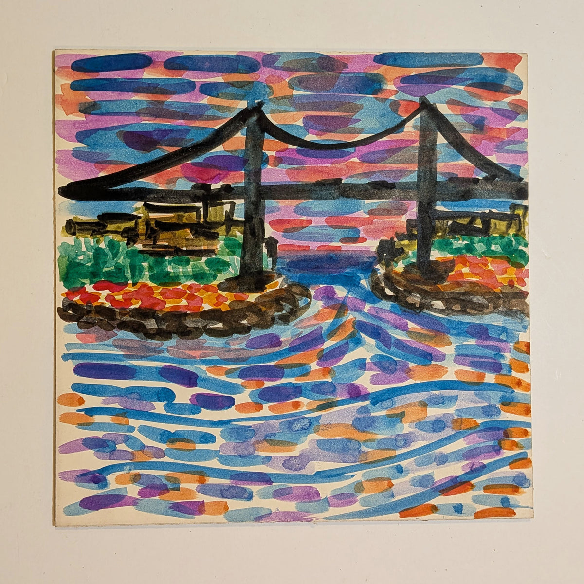 Vintage Mid-Century Modernist Watercolor Painting NYC Triborough Bridge Sunset