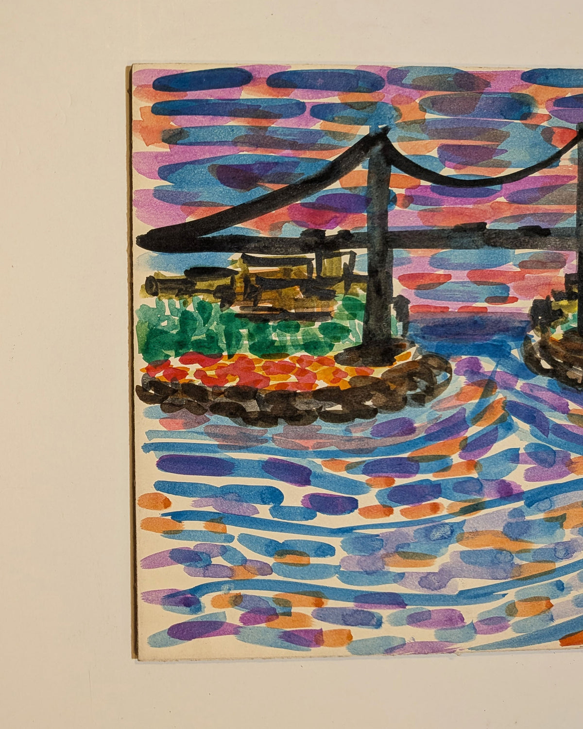 Vintage Mid-Century Modernist Watercolor Painting NYC Triborough Bridge Sunset