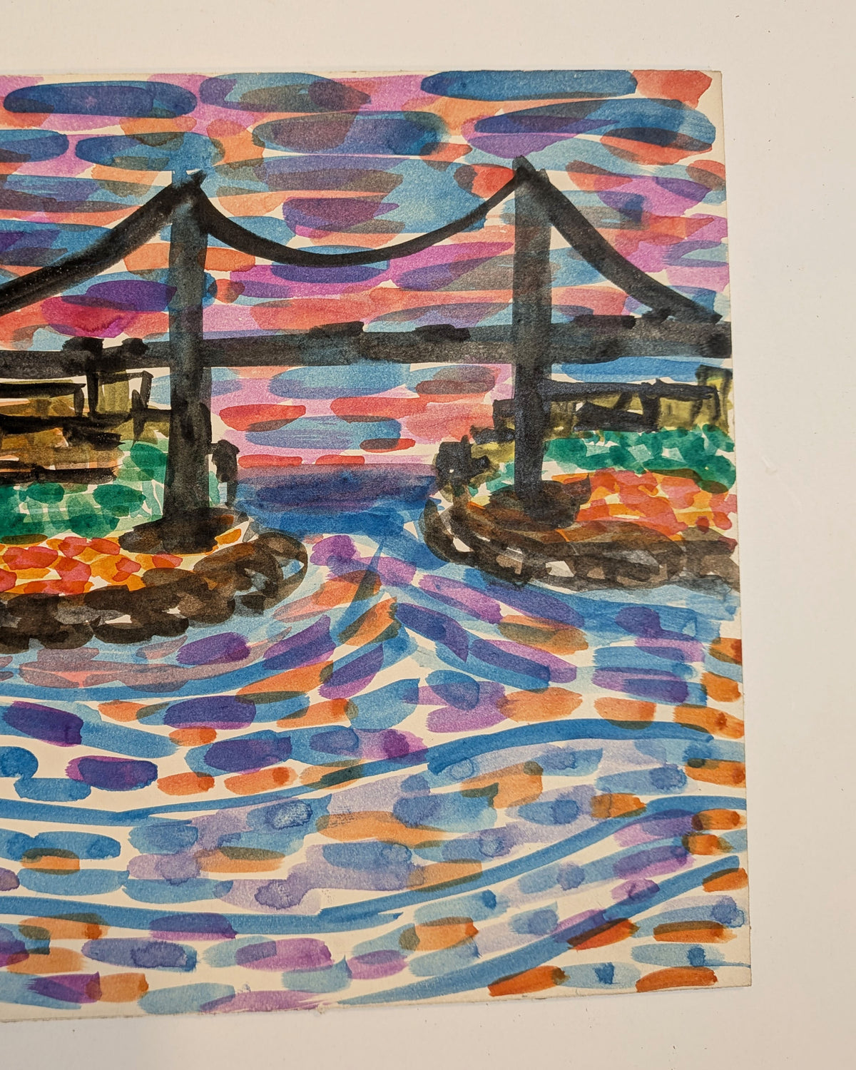 Vintage Mid-Century Modernist Watercolor Painting NYC Triborough Bridge Sunset