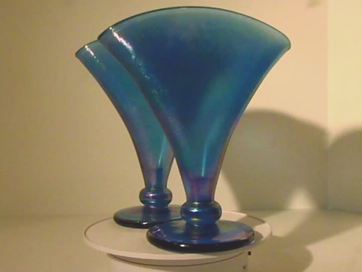 Pair Fenton Celeste Blue Stretch Glass Fan Vases Iridescent Oval Logo Vintage
